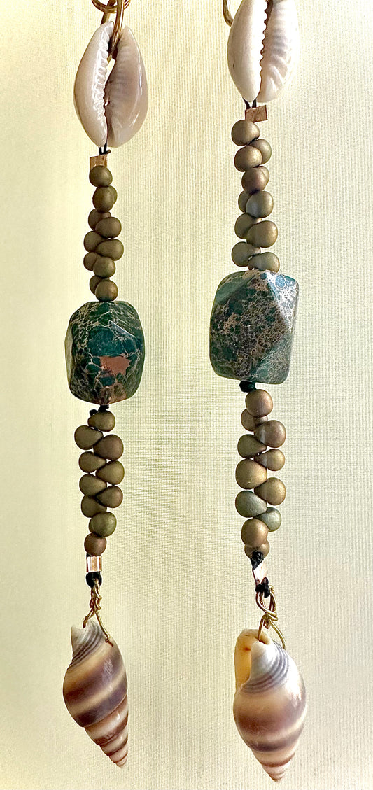 Wanderlust Earrings - Unakite, Shells and Glass Beads